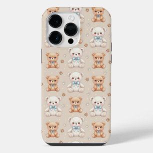 かわいいテディベアと青いリボンのシームレスパターン iPhone 14 PRO MAXケース