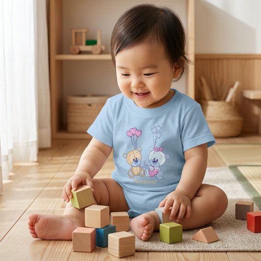 かわいいテディベアと風船のイラスト ベビーTシャツ