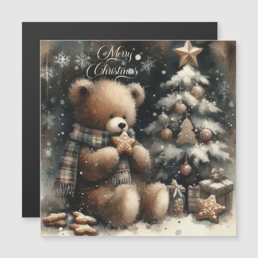 かわいいテディベアのクリスマスグリーティングマグネットカード (正面/裏面)