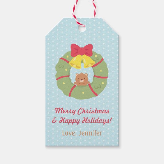 かわいいテディベアのクリスマスリースギフトタグ ギフトタグ (正面)