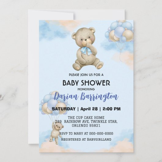 かわいいテディベアのグラデーションのバルーン男の赤ちゃんシャワー 招待状 (正面)