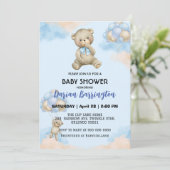 かわいいテディベアのグラデーションのバルーン男の赤ちゃんシャワー 招待状 (スタンド正面)