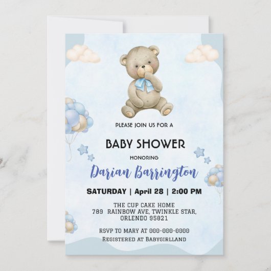 かわいいテディベアのグラデーションのバルーン男の赤ちゃんシャワー 招待状 (正面)