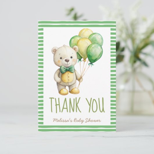 かわいいテディベアのセージ緑を待つことができる サンキューカード (スタンド正面)