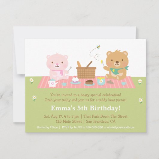 かわいいテディベアのピクニックの誕生日パーティーの招待状 招待状 (正面)