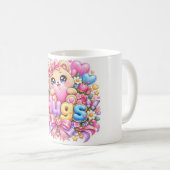 かわいいテディベアのピンクの花のラブ コーヒーマグカップ (正面右)
