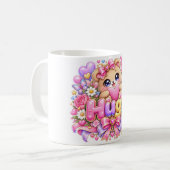 かわいいテディベアのピンクの花のラブ コーヒーマグカップ (正面左)