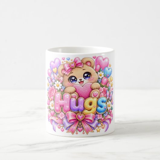 かわいいテディベアのピンクの花のラブ コーヒーマグカップ (中央)