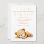 かわいいテディベアのベビーシャワーを眠る少年 招待状 (正面)