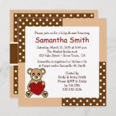 かわいいテディベアのベビーシャワー招待状 ブラウン レッド 招待状 (正面/裏面)