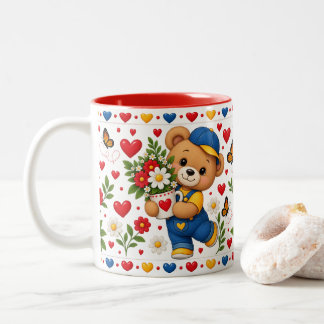 かわいいテディベアのマグカップ 花とハート入り ツートーンマグカップ