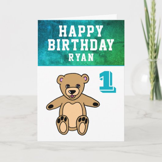 かわいいテディベアの写真 男の子 1歳の誕生日 カード (正面)