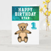 かわいいテディベアの写真 男の子 1歳の誕生日 カード (黄色い花)
