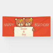 かわいいテディベアの双子または兄弟の誕生日パーティー 横断幕 (横)