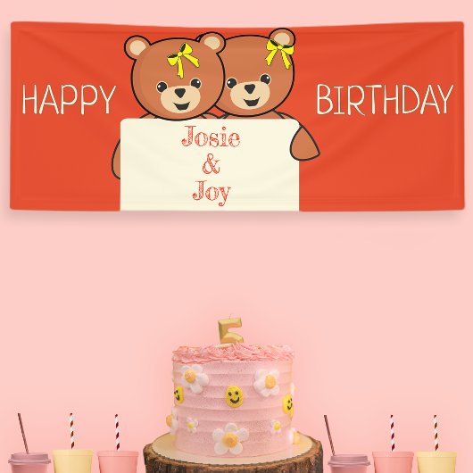 かわいいテディベアの双子または兄弟の誕生日パーティー 横断幕
