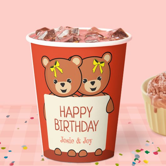 かわいいテディベアの双子または兄弟の誕生日パーティー 紙コップ