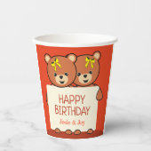 かわいいテディベアの双子または兄弟の誕生日パーティー 紙コップ (正面)