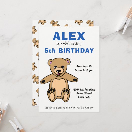 かわいいテディベアの子供の誕生日 招待状 (正面/裏面インサイチュ)