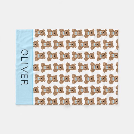 かわいいテディベアの柄パーソナライズされたの男の子 フリースブランケット (正面(横))