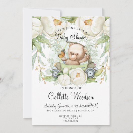 かわいいテディベアの水の色の緑のベビーシャワー 招待状 (正面)