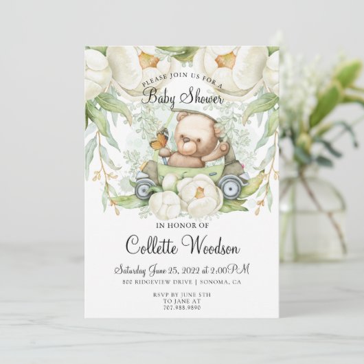 かわいいテディベアの水の色の緑のベビーシャワー 招待状 (スタンド正面)