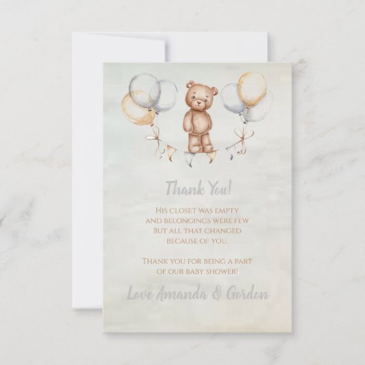 かわいいテディベアの水の色ベビーシャワー サンキューカード (正面)