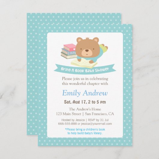 かわいいテディベアの水玉模様本をテーマにしたベビーシャワー 招待状 (正面/裏面)