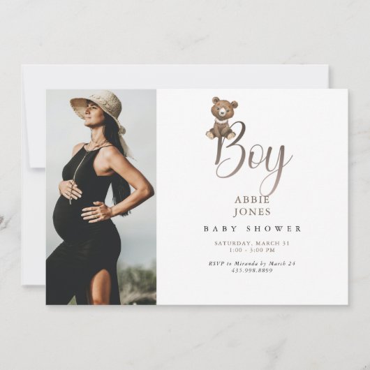 かわいいテディベアの男の子の写真 赤ちゃん歓迎会 招待状 (正面)