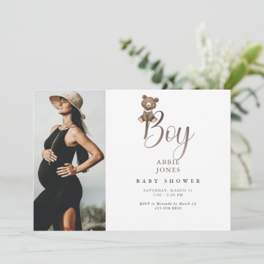 かわいいテディベアの男の子の写真 赤ちゃん歓迎会 招待状 (スタンド正面)