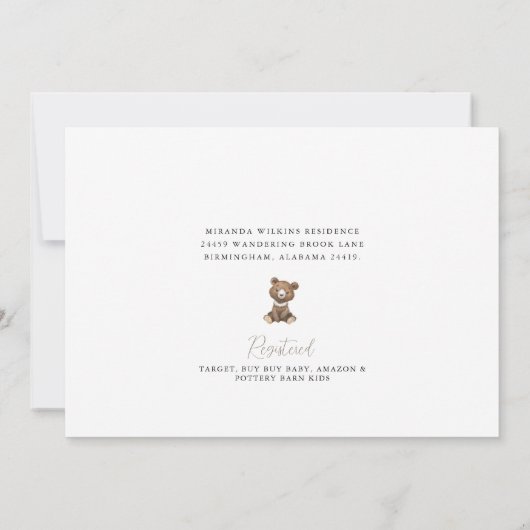 かわいいテディベアの男の子の写真 赤ちゃん歓迎会 招待状 (裏面)