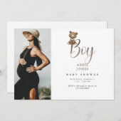 かわいいテディベアの男の子の写真 赤ちゃん歓迎会 招待状 (正面/裏面)