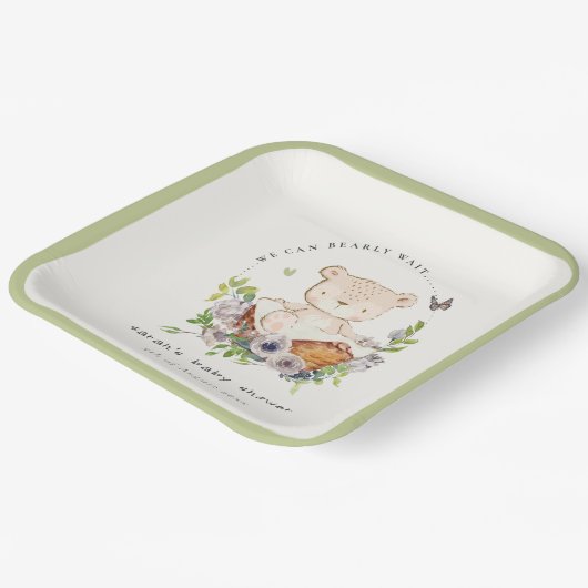 かわいいテディベアの花かご緑の赤ちゃんシャワー ペーパープレート (傾斜あり)