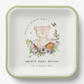 かわいいテディベアの花かご緑の赤ちゃんシャワー ペーパープレート (正面)