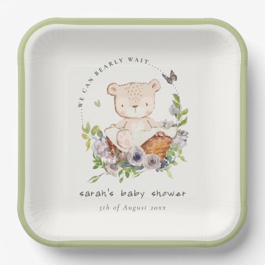 かわいいテディベアの花かご緑の赤ちゃんシャワー ペーパープレート (正面)