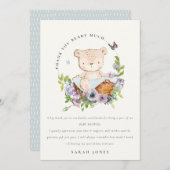 かわいいテディベアの花かご青い赤ちゃんシャワー サンキューカード (正面/裏面)