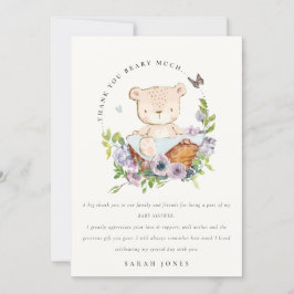 かわいいテディベアの花かご青い赤ちゃんシャワー サンキューカード