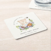 かわいいテディベアの花かご青い赤ちゃんシャワー スクエアペーパーコースター (アングル)