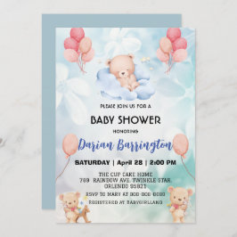 かわいいテディベアの花フローラスカイ赤ちゃんシャワーパー 招待状