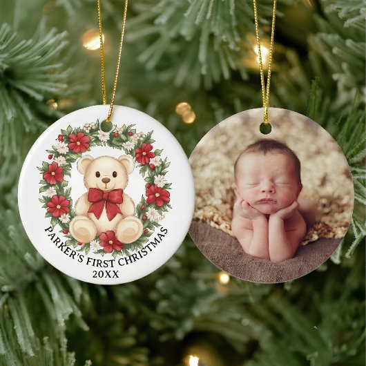 かわいいテディベアの花輪 赤ちゃんの初めてのクリスマス セラミックオーナメント
