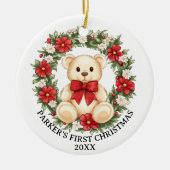 かわいいテディベアの花輪 赤ちゃんの初めてのクリスマス セラミックオーナメント (正面)