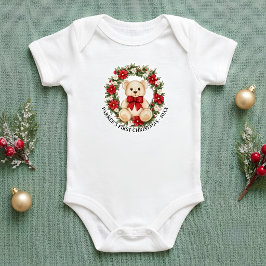 かわいいテディベアの花輪 赤ちゃんの初めてのクリスマス ベビーボディスーツ