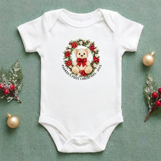 かわいいテディベアの花輪 赤ちゃんの初めてのクリスマス ベビーボディスーツ
