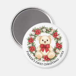 かわいいテディベアの花輪 赤ちゃんの最初のクリスマス マグネット