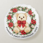 かわいいテディベアの花輪 赤ちゃんの最初のクリスマス ラウンドクッション (正面)
