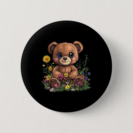 かわいいテディベアの花 缶バッジ (正面)