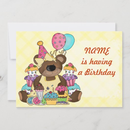 かわいいテディベアの誕生日パーティー 招待状 (正面)