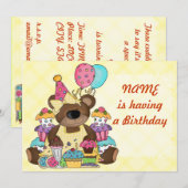 かわいいテディベアの誕生日パーティー 招待状 (正面/裏面)