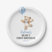 かわいいテディベアの青い風船のベアリー誕生日 ペーパープレート (正面)