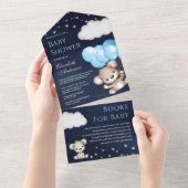 かわいいテディベアの青い風船 ネイビー ベビーシャワー オールインワン招待状 (貼ってはがせる)