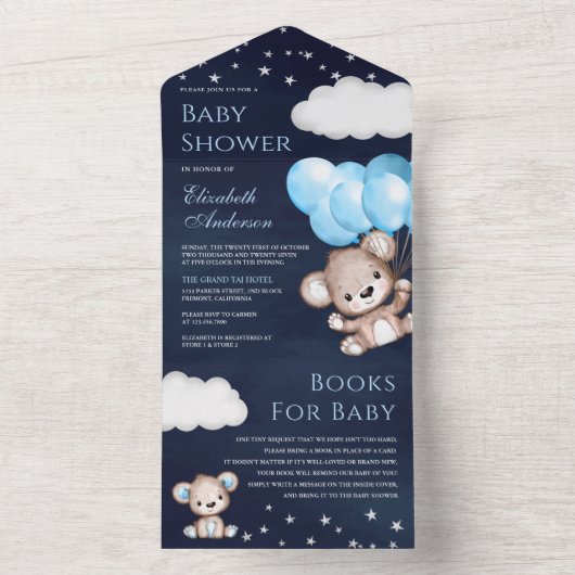 かわいいテディベアの青い風船 ネイビー ベビーシャワー オールインワン招待状 (内側)